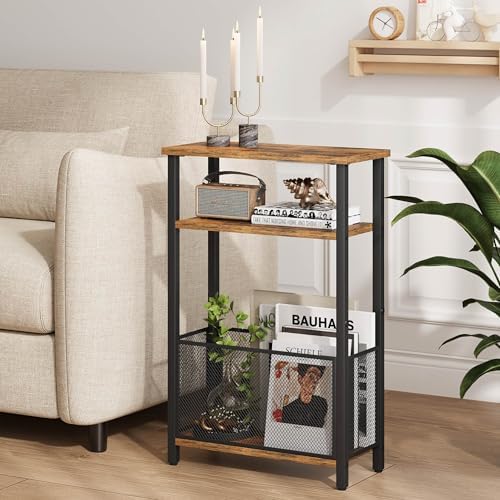 MMEOLUOOK Narrow Side Table with Storage Basket Skinny End Tables for Smalls Spaces 3 Tier Sofa Table Small Nightstand Slim Bedside Table for Living Room Bedroom Rustic Brown MLBZ22RB