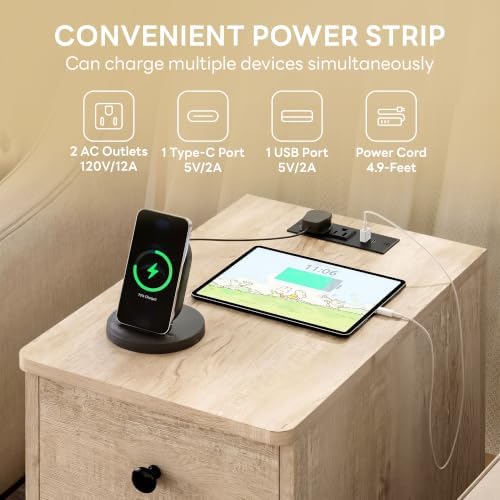 LIKIMIO Nightstand with Charging Station, 3 Drawers Modern for Bedroom