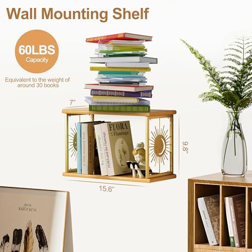 Floating Nightstand Wall Mounted - Natural Solid Wood Night Stand, Bedside Table 2 Tier Shelf, Modern Metal Celestial Side Floating Shelves Decor for Living Room Bedroom