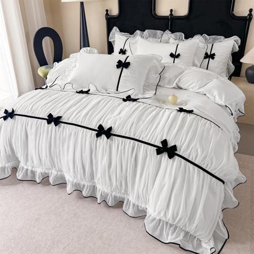Ruffle Beddding Set with Bowtie,Girls Lace Bedding,White Queen Comforter Cover Set, Chic Ruffled Duvet Cover with Lovely Bow,Princess Style 1 Duvet Cover with 2 Pillowcases, No Comforter