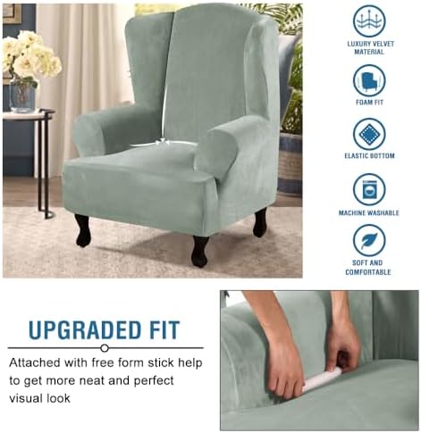 H.VERSAILTEX Wingback Chair Covers Velvet Plush Wing Chair Slipcover 1 Piece High Stretch Wing Back Chair Slipcovers Sofa Cover Furniture Cover with Elastic Bottom, Sea Grass