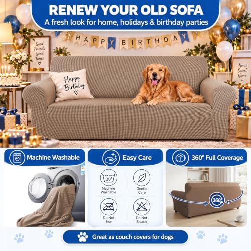 KEKUOU Stretch Couch Covers for Sofa, 3 Cushion Couch Slipcover,Camel