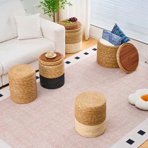 18'' Boho Pouf Storage Ottomans Natural Straw Rustic Handmade Lounge Pouffe