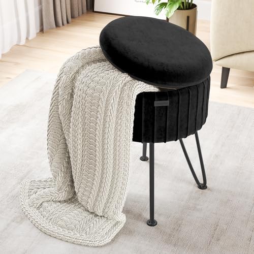 Round Ottoman with Storage, Pleated Velvet Storage Ottoman, Foot Stool Ottomans, Makeup Vanity Stool, Small Ottomans Foot Rest, Modern Vanity Stools for Living Room and Bedroom, Black
