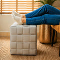 Sweet Home Collection Square Velvet Basketweave Pouf Ottoman, 17" x 17" x 17" – Rigid EPS Foam Filled Footrest, Ottoman & Accent Chair for Living Room, Bedroom & Nursery, Sand Beige
