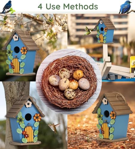 Wooden Bird Houses for Outside,Farmhouse Hanging Blue Birdhouse