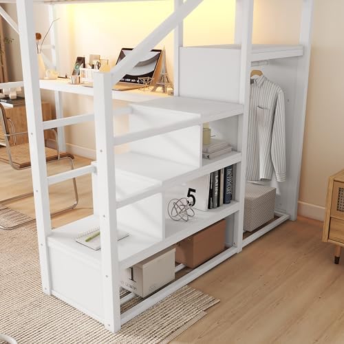 Queen Size Metal Loft Bed Frame with Desk, Staircase, Built-in Storage Shelves and Wardrobe, Modern Loft Bed with Solid Slat, Guardrail, No Box Spring Required, Easy Assembly, for Bedroom, White