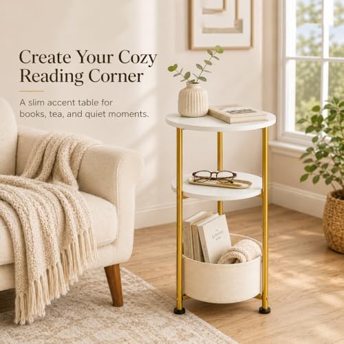 3-Tier Small Round Side Table with Storage Basket, White & Gold