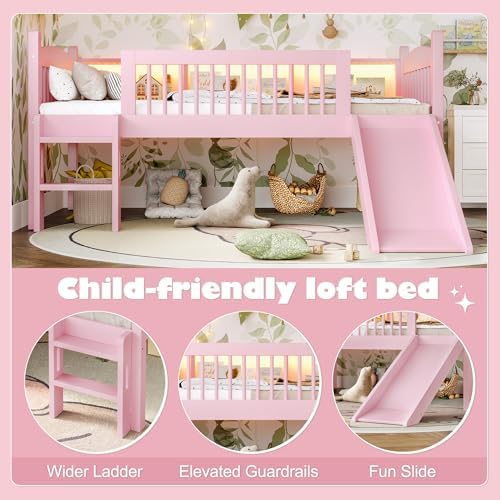 Bellemave Twin XL Loft Bed with Slide and Ladders, Solid Wood Low Loft Bed with Storage Shelves and LED Lights, Loftbed Frame for Kids, Boys, Girls, Childlike and No Box Spring Needed Design, Pink