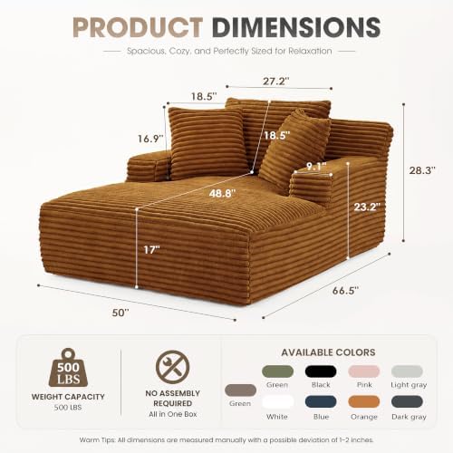 66" Chaise Lounge Chair Indoor, Corduroy Upholstered Reading Chair Oversized Boneless Chair with Deep Seat, Cloud Lounge Chair with 3 Pillows for Living Room, Bedroom, No Assembly Required