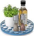 Blue and White Checkerboard Lazy Susan with Rubberwood Base and Metal Rail