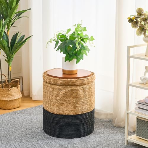 Nested White Round Pouf Ottoman Handwoven Natural Grass Pouffe Rattan Stool