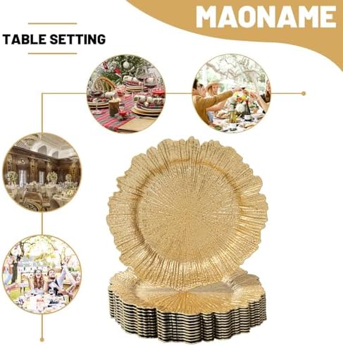 MAONAME Gold Charger Plates Set of 12, Reef Plate Chargers for Dinner Plate, Round Plastic Table Chargers for Thanksgiving, Christmas
