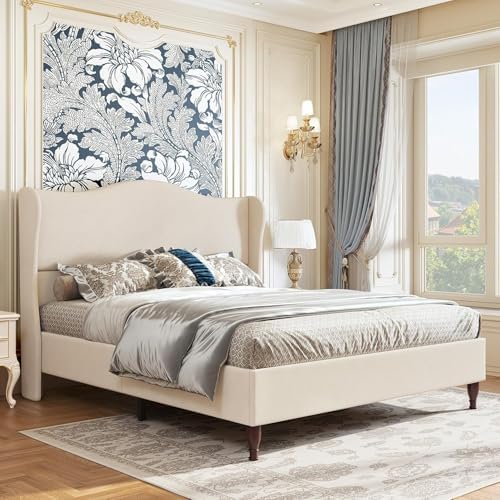 koorlian Queen Size Bed Frame Upholstered Platform Bed with 51" Tall Headboard Wingback, Soft Fabric, Retro Simple Style Platform Bed No Box Spring Needed, Easy Assembly, Beige