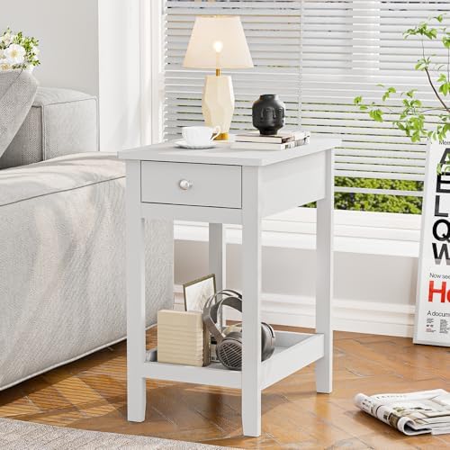 SEJOV Narrow Side Table, Small White End Table with Drawer & Storage Shelve