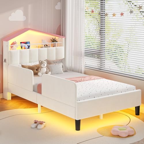 ADORNEVE Twin Size Girls Bed Frame with LED Lights,Beige & Pink