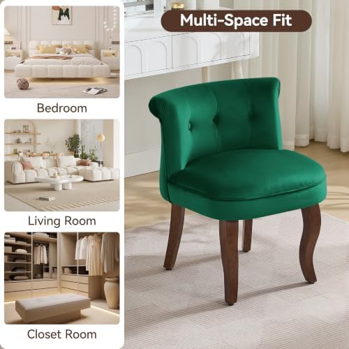 WUTUTUEE Velvet Vanity Chair with Back, Tufted Upholstered Vanity Stool with Solid Wood Legs, Mid Century Small Makeup Chair for Vanity, Accent Chair for Bedroom, Living Room, Green
