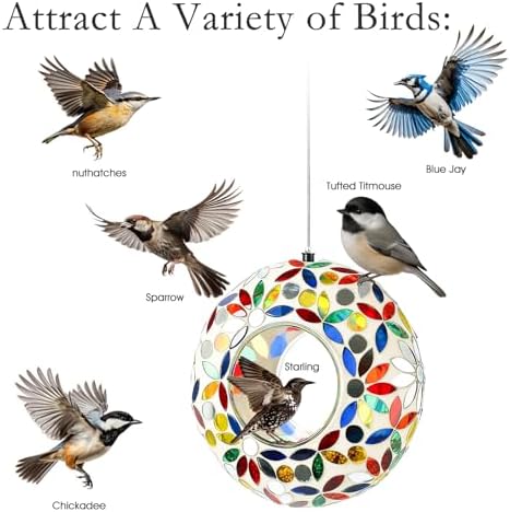 6 Inch Mosaic Glass Fly Through Bird Feeder for Outdoors, White