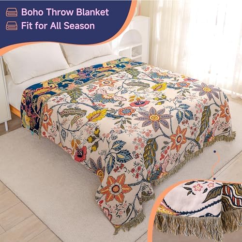 Boho Cotton Throw Blanket Gift for Women Men 90"x98" White
