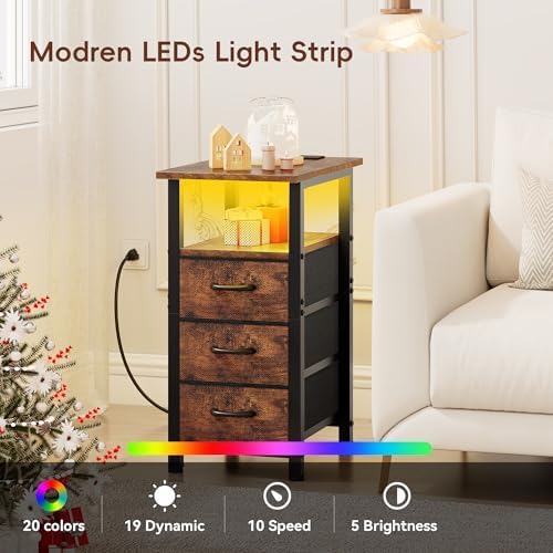 Vagusicc Set of 2 Nightstand with Charging Station and LED Lights, Narrow End Table, LED Nightstand with 3 Fabric Drawers for Bedroom, Narrow Side Table, Slim Sofa Side Table for Small Spaces, Brown