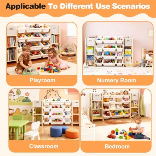 Extra Large Toy Storage Organizer for Kids - 3-in-1 Wooden Bookshelf with 6 Shelves, 12 Bins + Free 2 Storage Boxes, Anti-Tip for Playroom/Nursery