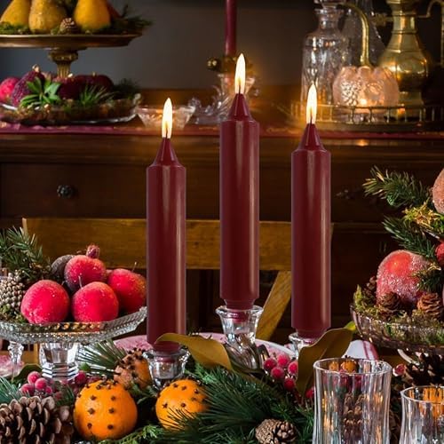 NJAO HOO Burgundy Short Taper Candle 7 Inch Christmas Candlesticks Red Unscented Dripless for Home Dinner Decor Halloween Party, 4 Pack