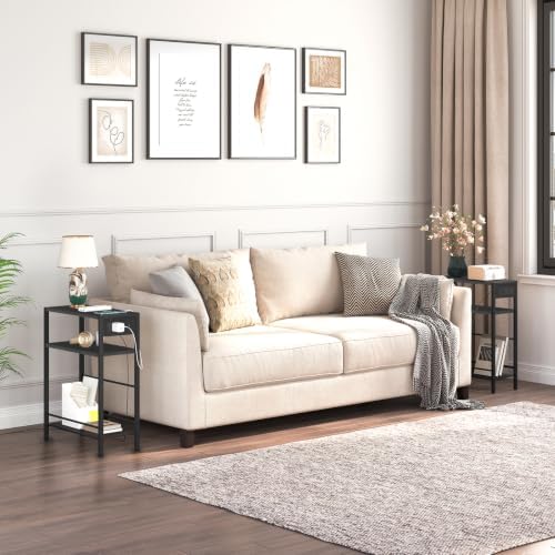 HOOBRO Small Narrow Side Table with Charging Station Set of 2, Skinny End Table for Small Spaces, Slim Nightstand with USB Ports Outlet, Sofa Beside Table with Storage Shelf BB102UBZP201
