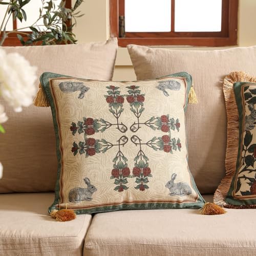 patdrea Designer Throw Pillow Covers Set of 2,French Elegant Green Linen with Rose and Animal Floral Pattern Pillow Covers,Decorative Square Pillowcases Cushion for Bed Living Room Outdoor,18"x18"