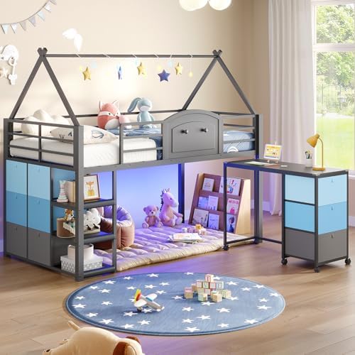 Twin Loft Bed with Desk and Storage for Kids, Metal Low Loft Bed Twin with 9 Drawers, 3-Tier Shelves, Led Lights, Safety Guardrail, No Box Spring Needed,Grey