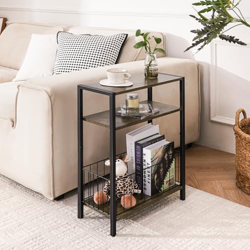 Narrow Side Table with Storage Basket Small End Table for Small Space,Brown