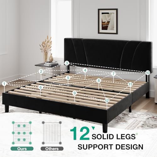 Novilla King Bed Frame and Headboard, King Bed Frame, Velvet Upholstered Bed Frames, No Box Spring Needed, Heavy Duty Feet, Easy Assembly, Black Velvet