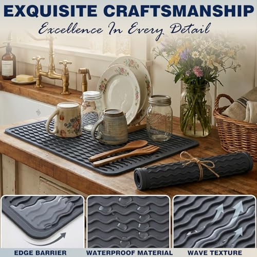 2 Pack Caketime Silicone Dish Drying Mat for Kitchen Counter Cooking Baking Coffee Bar Hot Pads Accessories Dining Home Essentials Under Sink Protector Organizers Stone Rack Trays Drain Black
