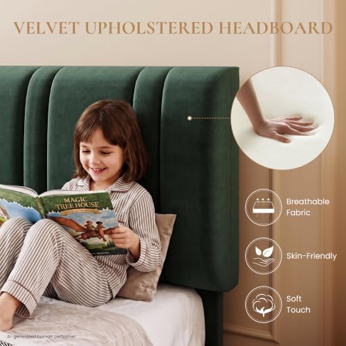 SHA CERLIN Twin Size Velvet Bed Frame with Adjustable Headboard, Green