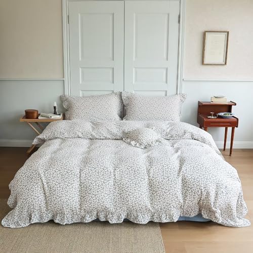BuLuTu Blue Floral Print Duvet Cover King Size, Elegant Ruffles Bedding Set 3 Pieces, 100% Cotton Muslin Comforter Cover with 2 Pillowcases Soft Lightweight King Bed Set, Machine Wash