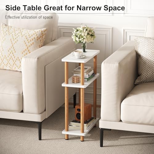 Apicizon Small Narrow Side Table, 3-Tier End Table, White Natural