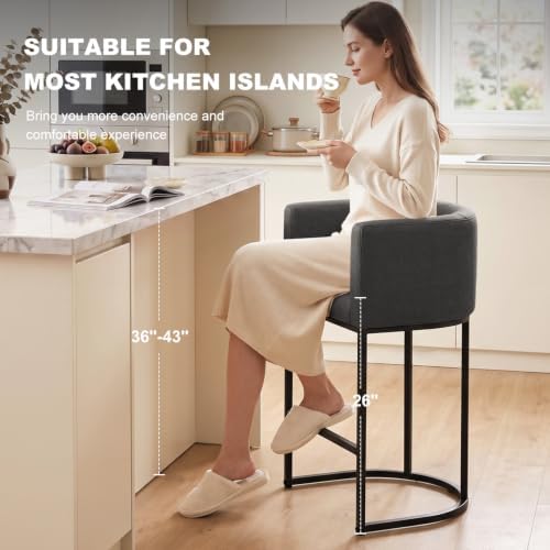 26" H Counter Height Bar Stools Set of 3, Modern Barrel Counter Stools with Backrest and Arms, Linen Fabric Upholstered Accent Barstools for Kitchen Island,Support 450 LBS (Carbon Black)