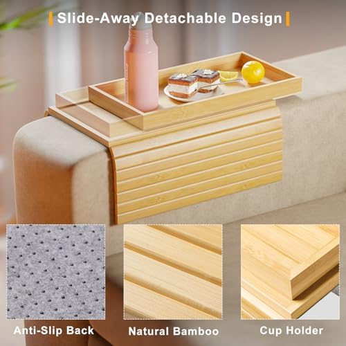 Bestjing 2 in 1 Bamboo Sofa Armrest Tray Table for Couch
