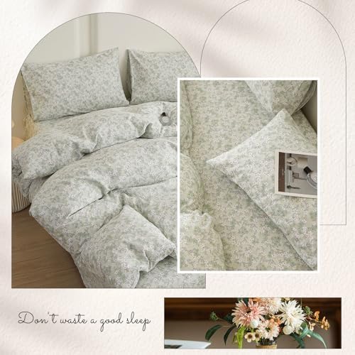 HighBuy Green Floral Duvet Cover Set King 100% Cotton Soft,Boho Chic Cottagecore White Floral Bedding Comforter Cover Set Vintage Decor Design -(1 Duvet Cover with 2 Pillow Shams)