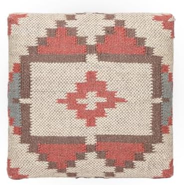 Handmade Jute Upholstered Ottoman Stool | Square Foot Rest with Wooden Legs | Decorative Accent Seating for Bedroom, Living Room, Entryway, Vanity & Hallway (Beige-Red)