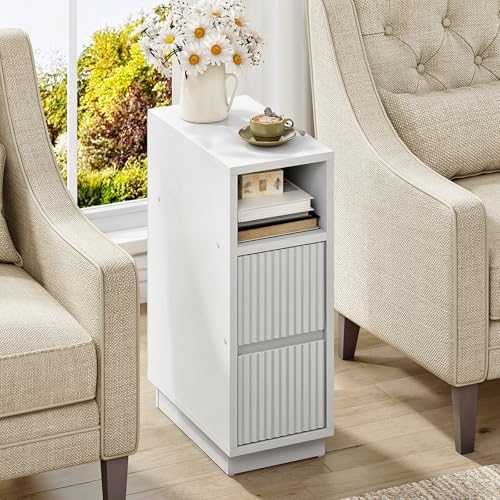 CHOEZON 8.7" Narrow Fluted Nightstand, Small Bedside Table with Drawers, Skinny Side Table, Modern Nightstand with 1 Semi-Open Shelf, Floating End Table, for Living Room, Bedroom, White MBZ12WB
