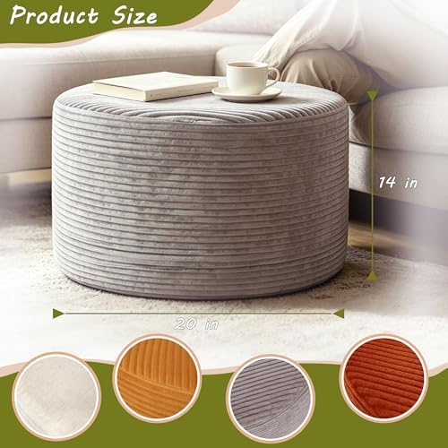 Thgonwid Round Ottoman Pouf, Corduroy Foot Rest Stool, 20x14In, Light Grey