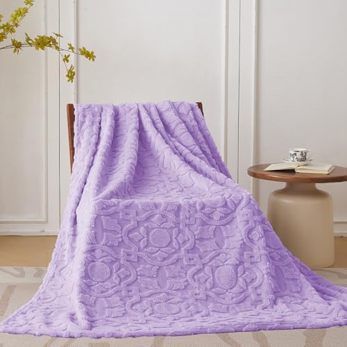 Home Fleece Throw Blanket for Couch, Bed, TV, Party, and Gift - 3D Jacquard Decorative Blankets - Cozy Soft Lightweight Fuzzy Flannel Blanket, All Seasons, 50x70 Inches, Lavender-1