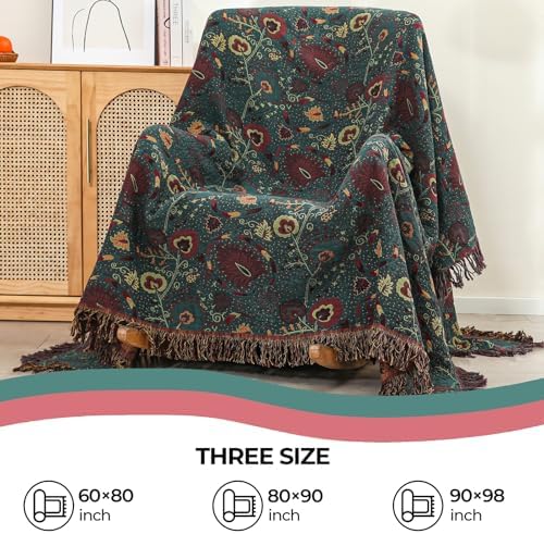 100% Cotton Floral Boho Throw Blanket for Bed 80" x 90" Green