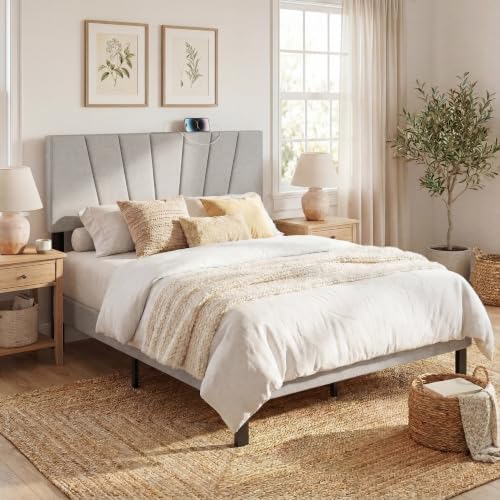 KOMFOTT Upholstered Full & Queen Headboard with Charging Station, Grey