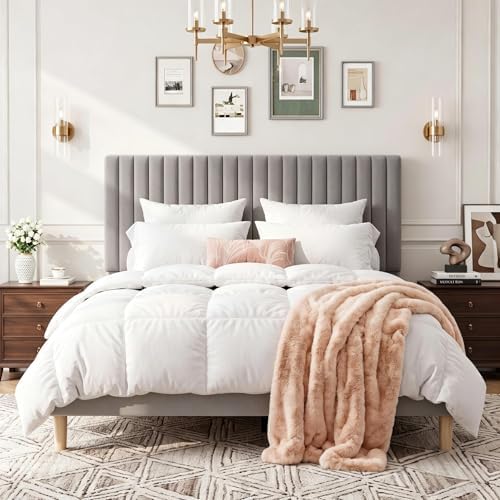 Queen Bed Frame with Adjustable Headboard, Velvet Upholstered Platform Bed