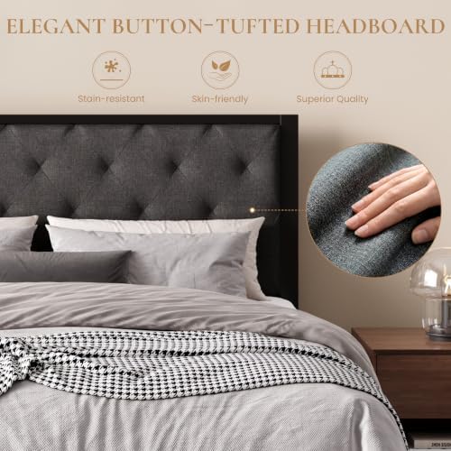 SHA CERLIN Queen Size Metal Bed Frame and Linen Tufted Headboard, Dark Gray