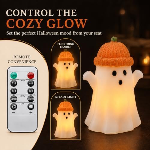 Enido Ghost with Pumpkin Hat Flameless Candles with Remote, Set of 2 Cute Real Wax LED Halloween Candles, Battery Operated Tea Lights, 2/4/6/8H Timer for Kids Room, Fall Tiered Tray Decor