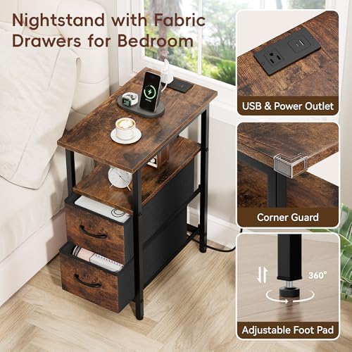 Vagusicc End Table with Charging Station Set of 2, Narrow Side Table, 23.8'' Tall Nightstand with 2 Drawers, Small Sofa Side Table Narrow Nightstand for Small Spaces Furniture, Bedroom, Rustic Brown