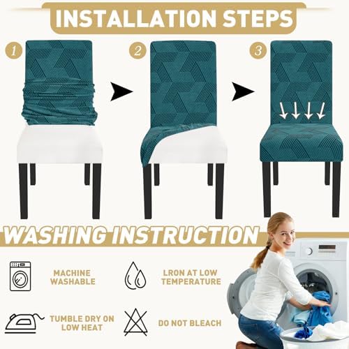 JIVINER Stretch Dining Chair Slipcovers Set of 2, Geometrical Jacquard Dining Chair Covers, Washable Kitchen Chair Covers for Dining Room, Hotel, Party, Peacock Blue