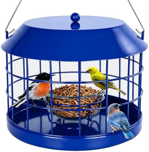 Gbekery Bluebird Feeder for Mealworms with Glass Bowl for Outdoors, Blue